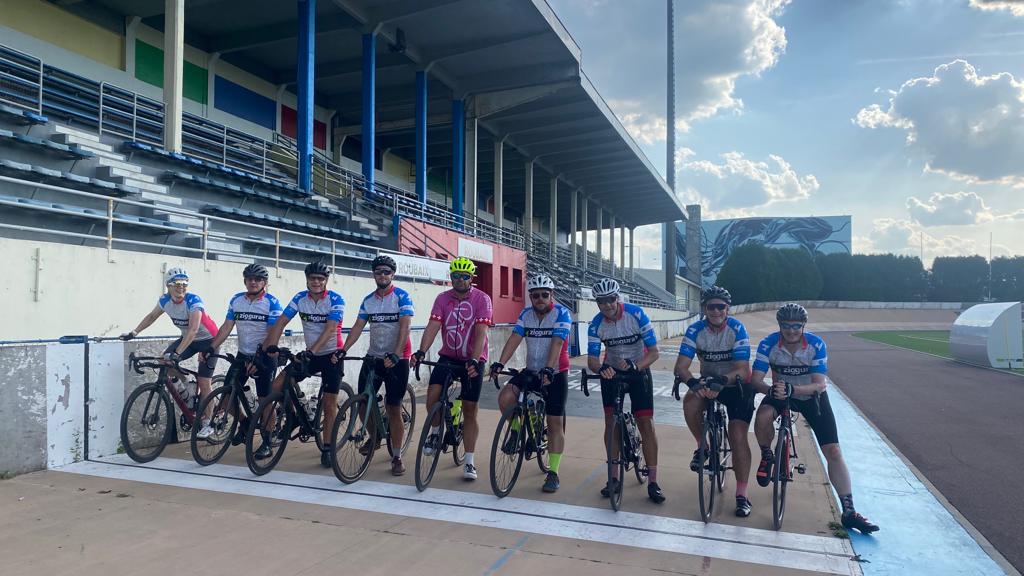 group of cyclists on a start line